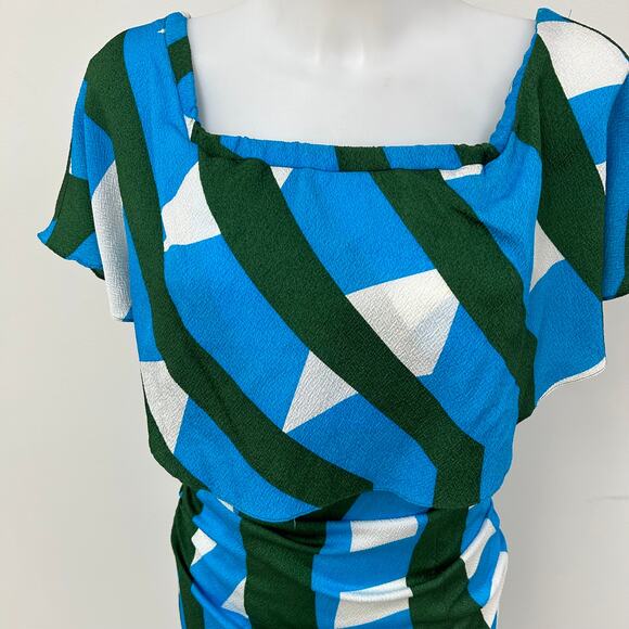 NWOT Tracy Reese Geometric Print Silk Off Shoulder Dress Womens 4 Blue Green - Picture 7 of 8